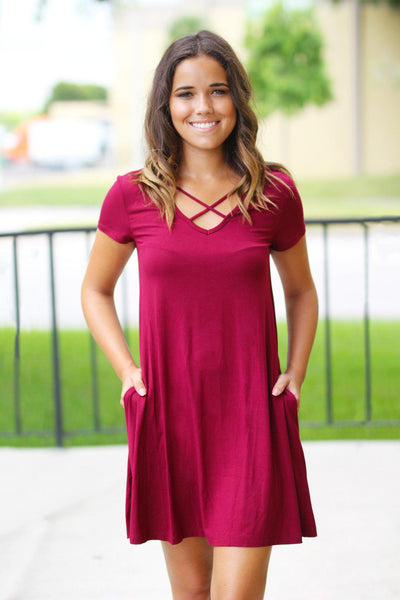 Wine Short Dress with Pockets