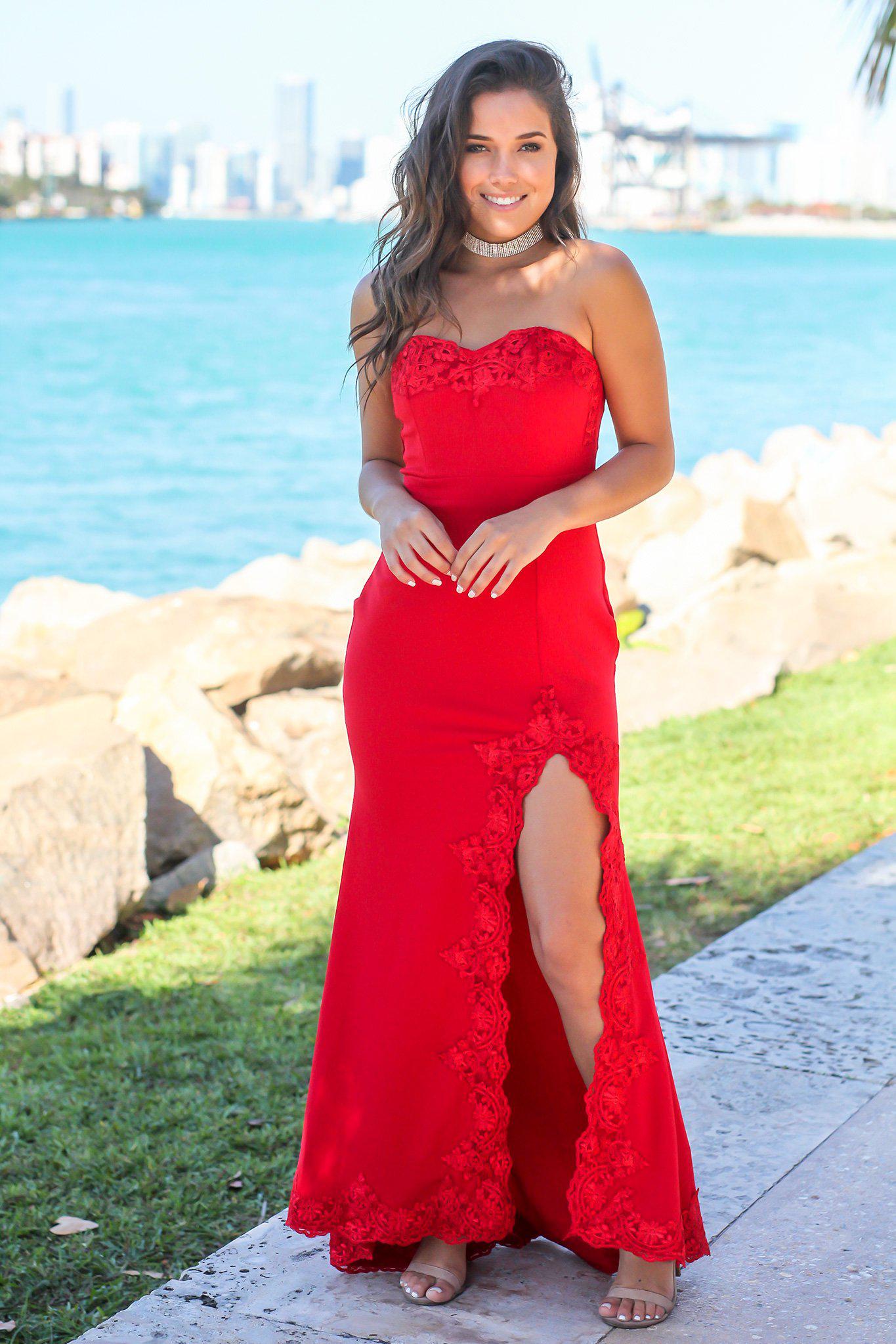 Red Strapless Embroidered Maxi Dress with Side Slit