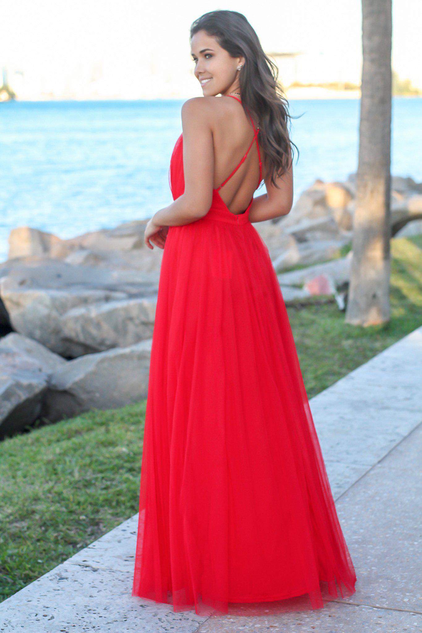 Red Tulle Maxi Dress with Criss Cross Back