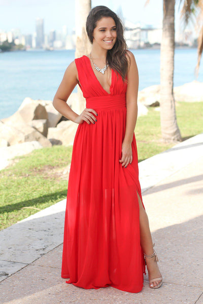 Red V-Neck Maxi Dress