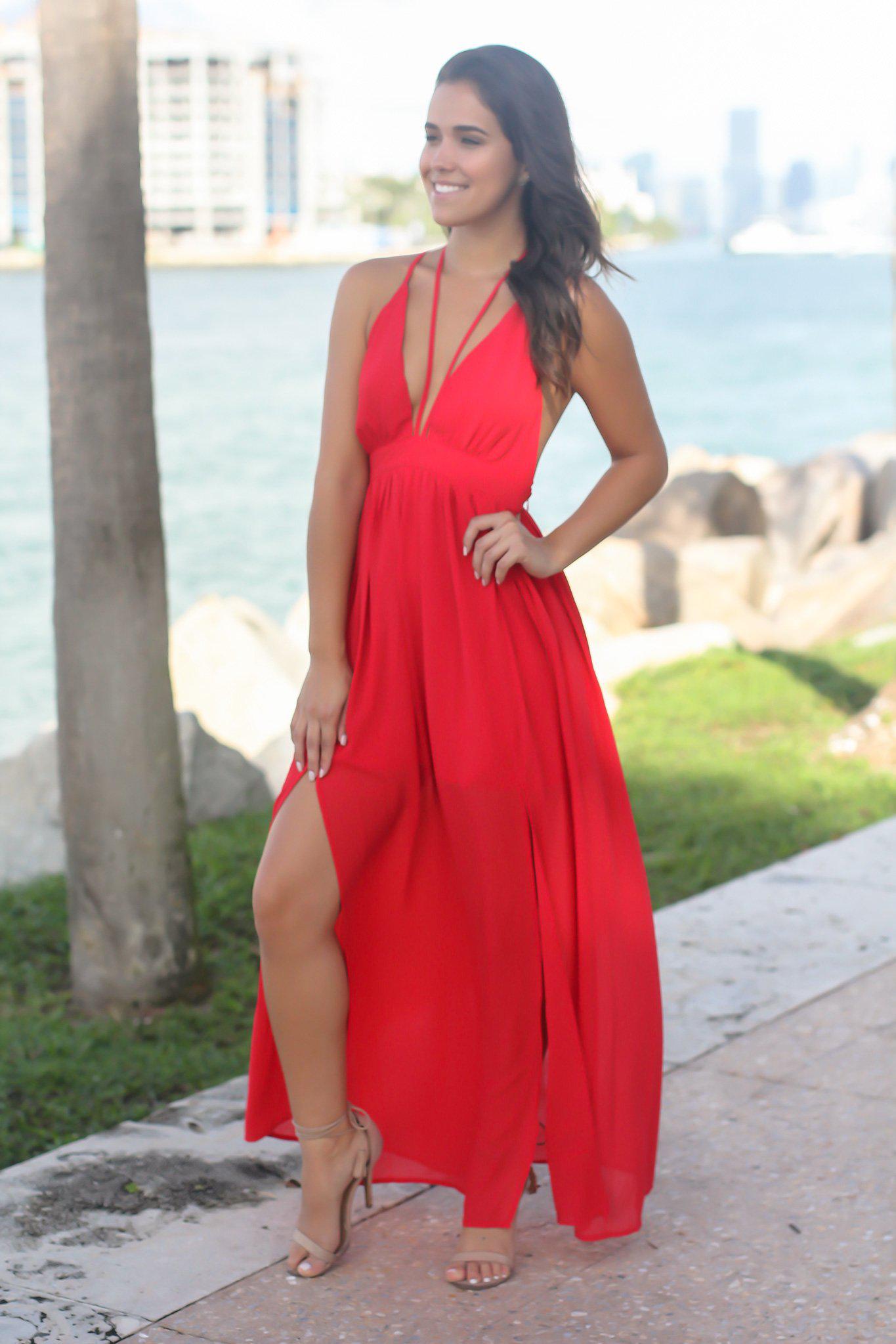 Red V-Neck Maxi Dress with Tie Neck