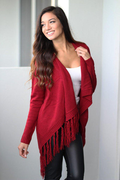 Red Wrap Fringe Cardigan