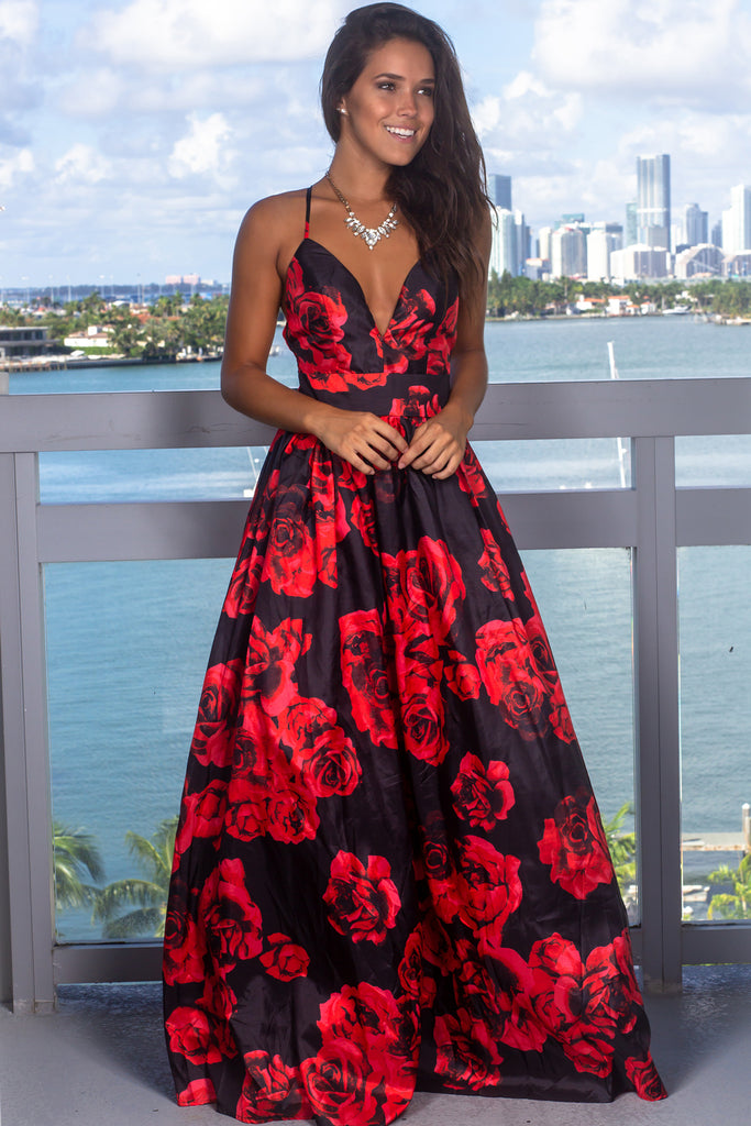 Red and Black Floral Maxi Dress with Criss Cross Back | Maxi Dresses Saved by the Dress Red and Black Floral Maxi Dress with Criss Cross Back | Maxi Dresses Saved by the Dress