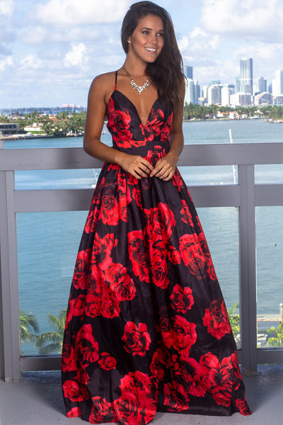 Red and Black Floral Maxi Dress with Criss Cross Back