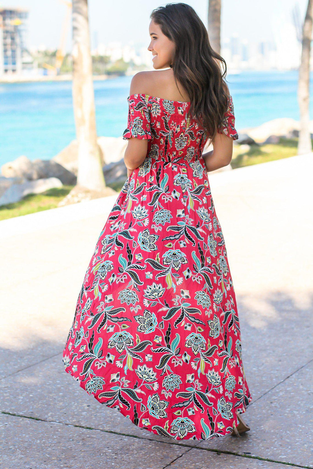 red off the shoulder dress floral Red and Black Floral Off Shoulder Dress
