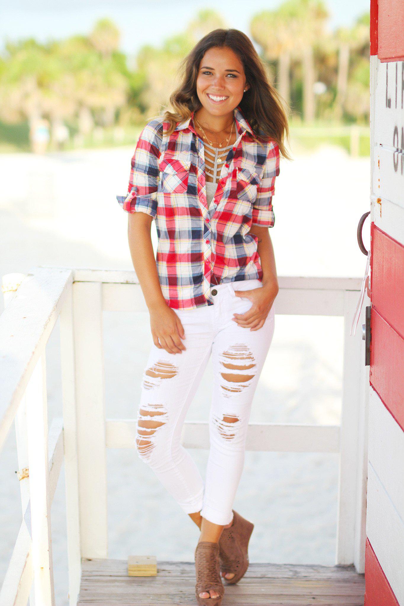 Blue and Red Plaid Top