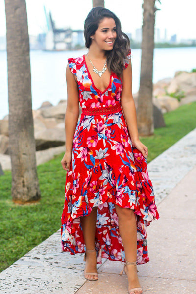 Red and Fuchsia Floral High Low Dress with Crochet Open Back Detail