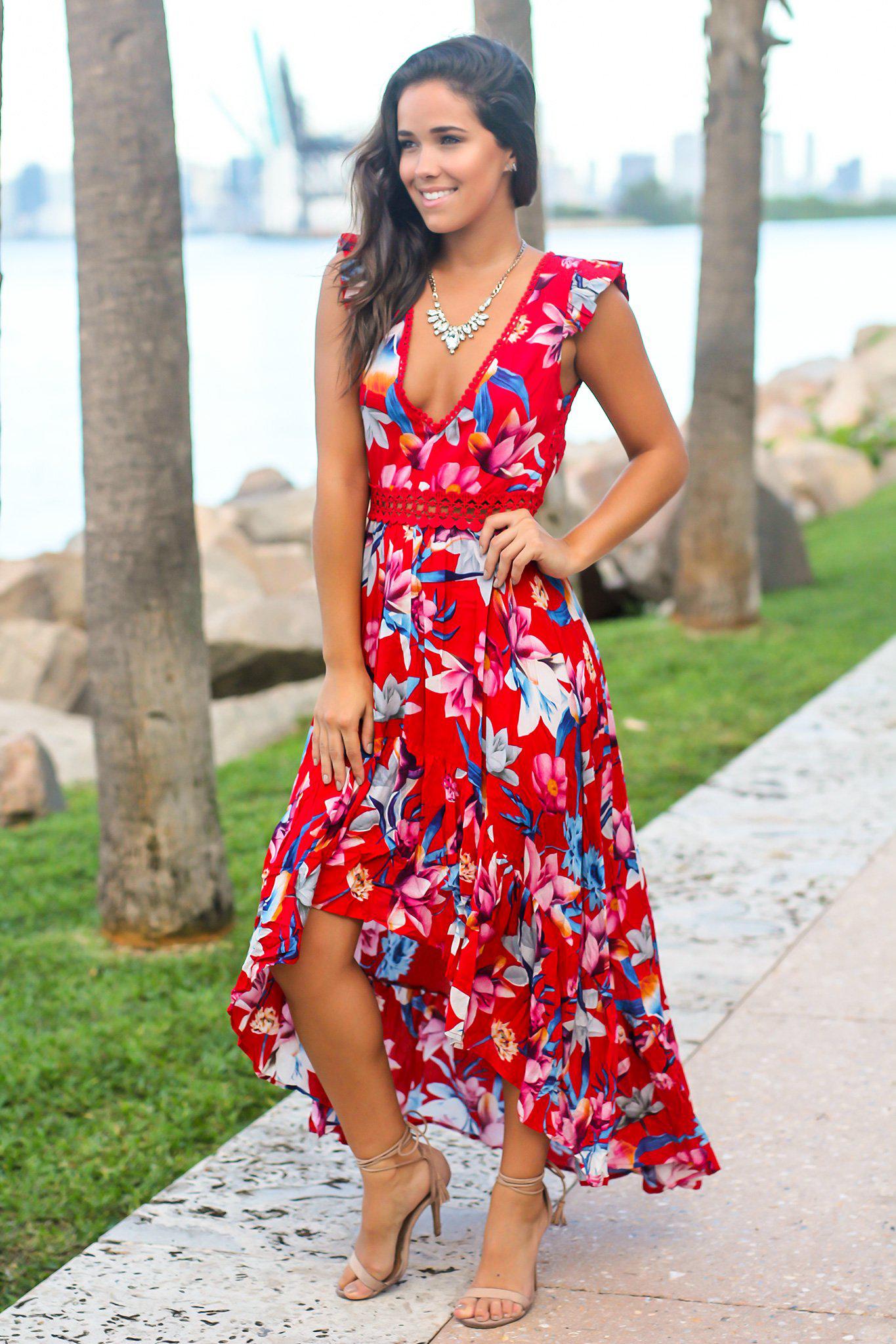 Red and Fuchsia Floral High Low Dress with Crochet Open Back Detail