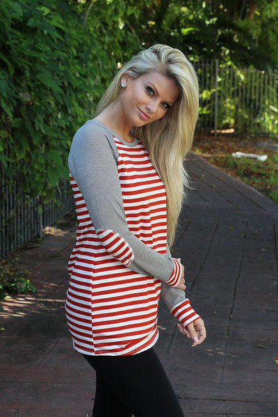 Red and Gray Striped Top with Elbow Patches