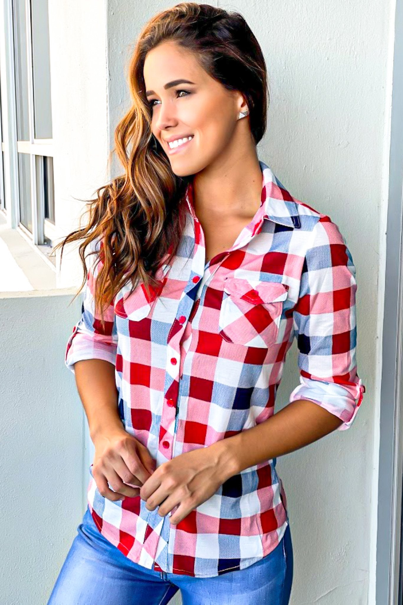 Red and Navy Long Sleeve Plaid Top