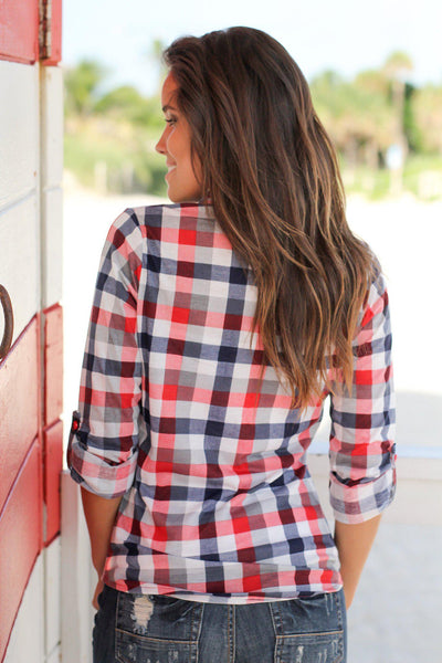 Red and Navy Plaid Top