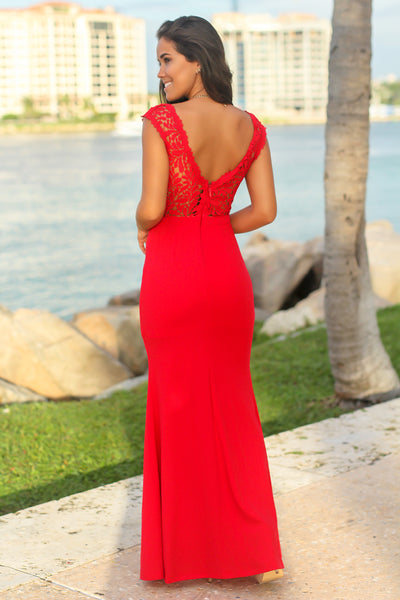 Red and Nude Maxi Dress with Crochet Top and Side Slit