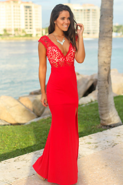 Red and Nude Maxi Dress with Crochet Top and Side Slit