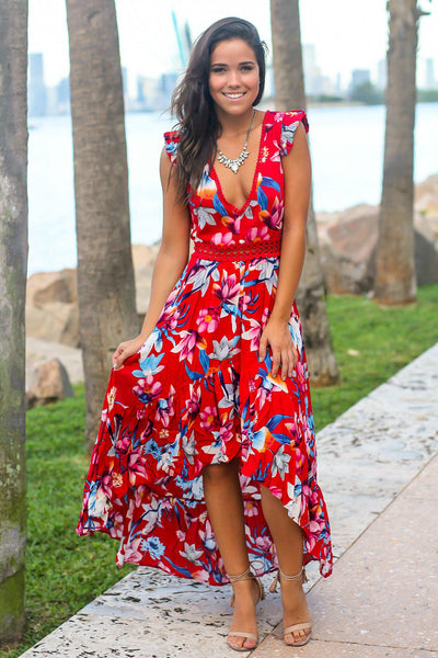 Red and Pink Floral High Low Dress with Crochet Open Back Detail