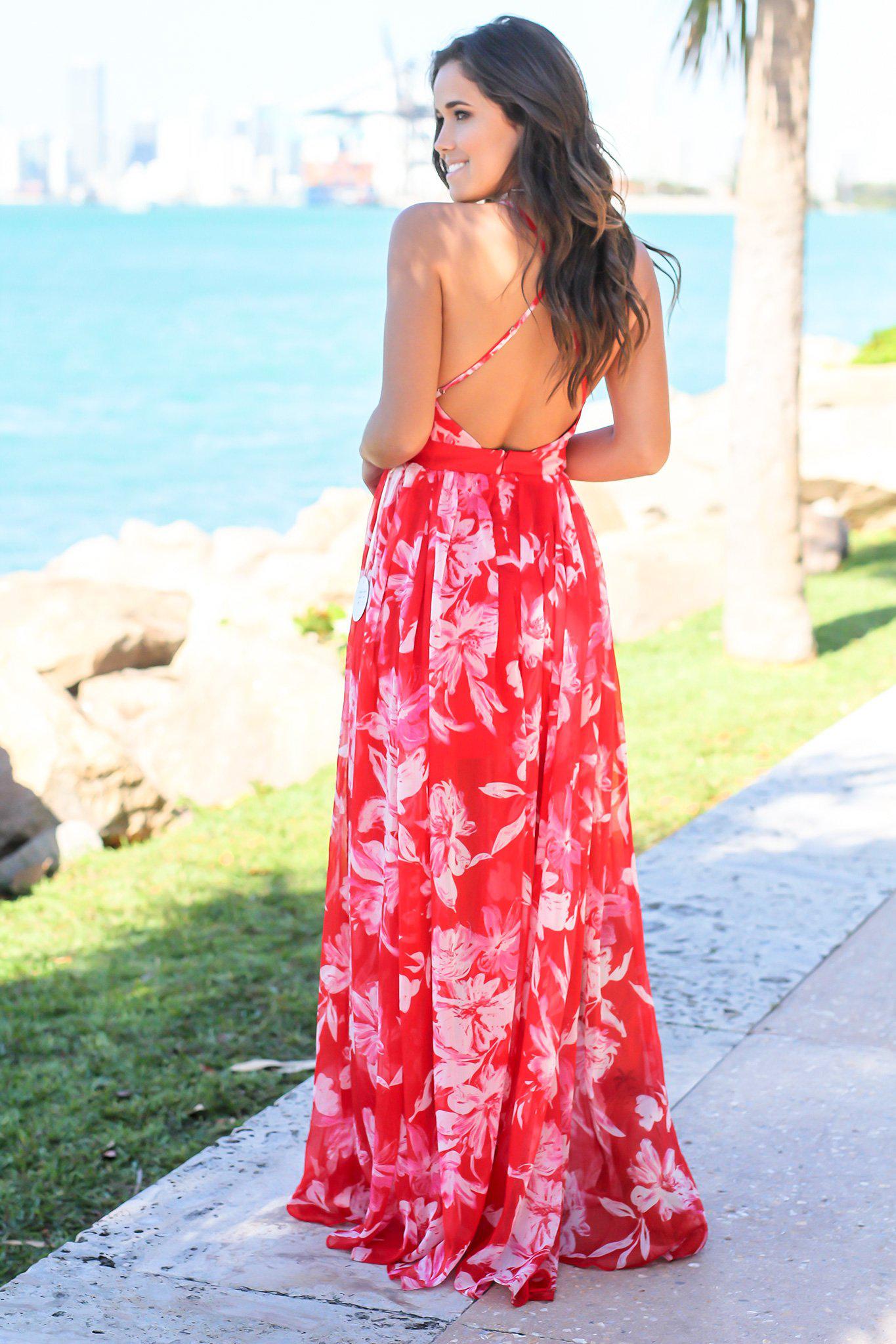 Red and White Floral Maxi Dress with Criss Cross Back