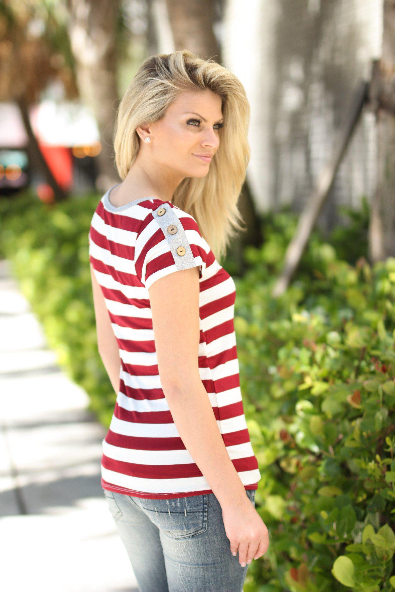 Burgundy Striped Top with Pocket