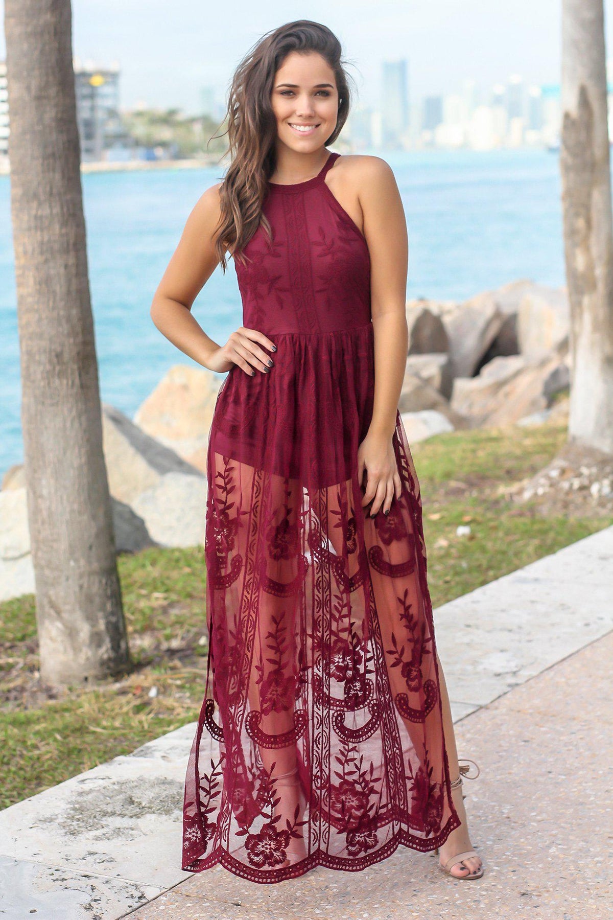Wine Halter Neck Lace Maxi Romper | Rompers – Saved by the Dress