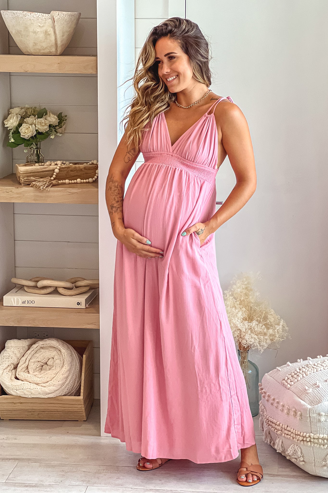 Rose V Neck Maternity Maxi Dress with Pockets