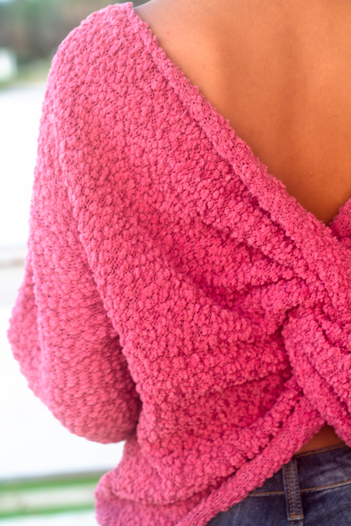 Rose Fuzzy Sweater with Twist Back