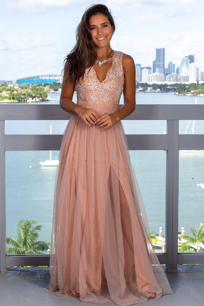 Rose Gold Glitter Top Maxi Dress with Tulle