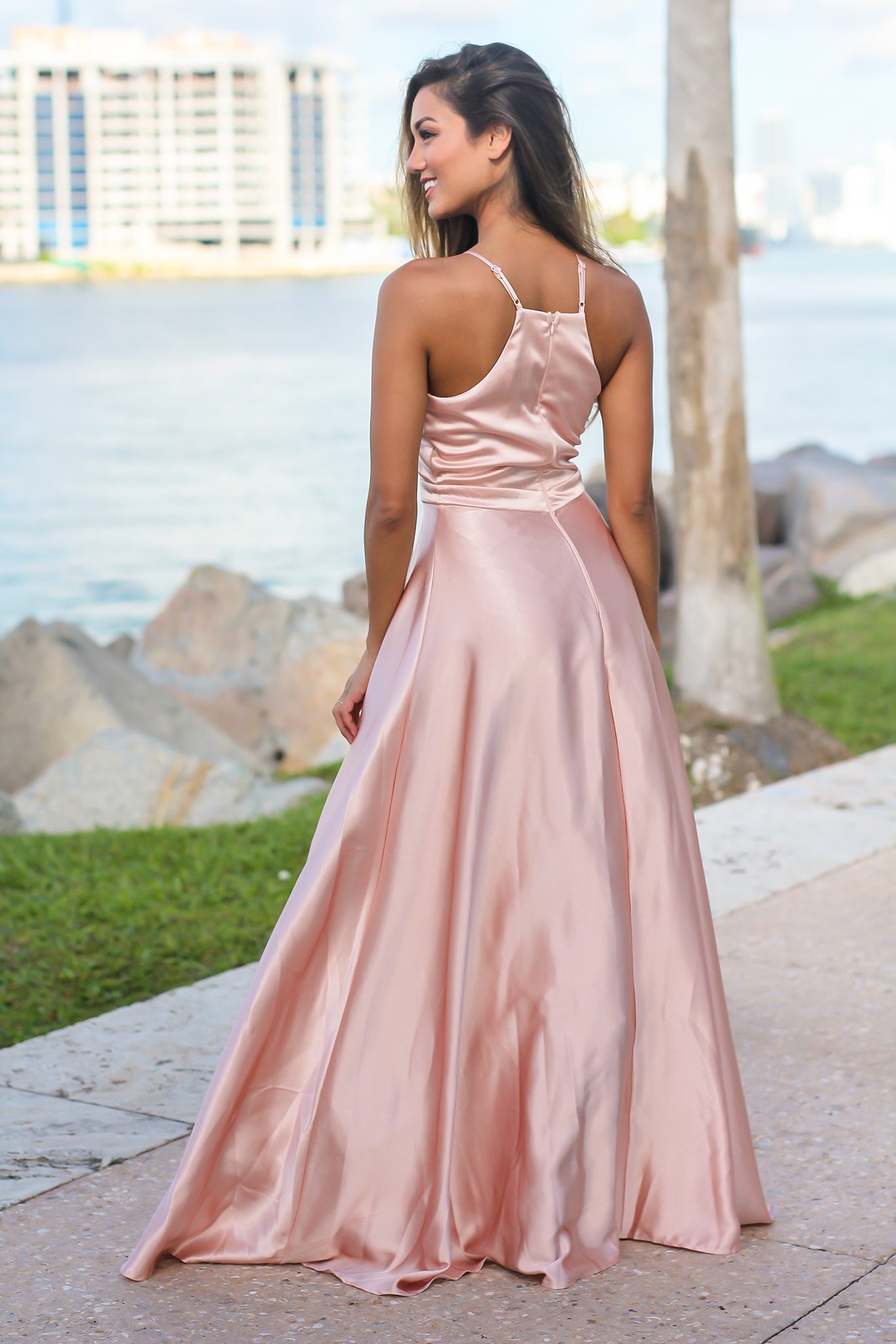 Rose Gold Maxi Dress with Halter Neck