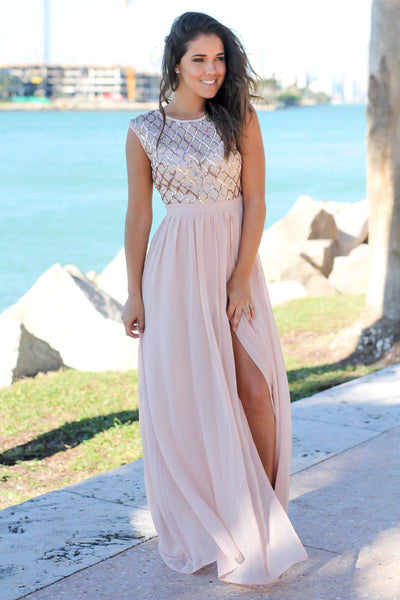 Rose Gold Maxi Dress with Sequin Top
