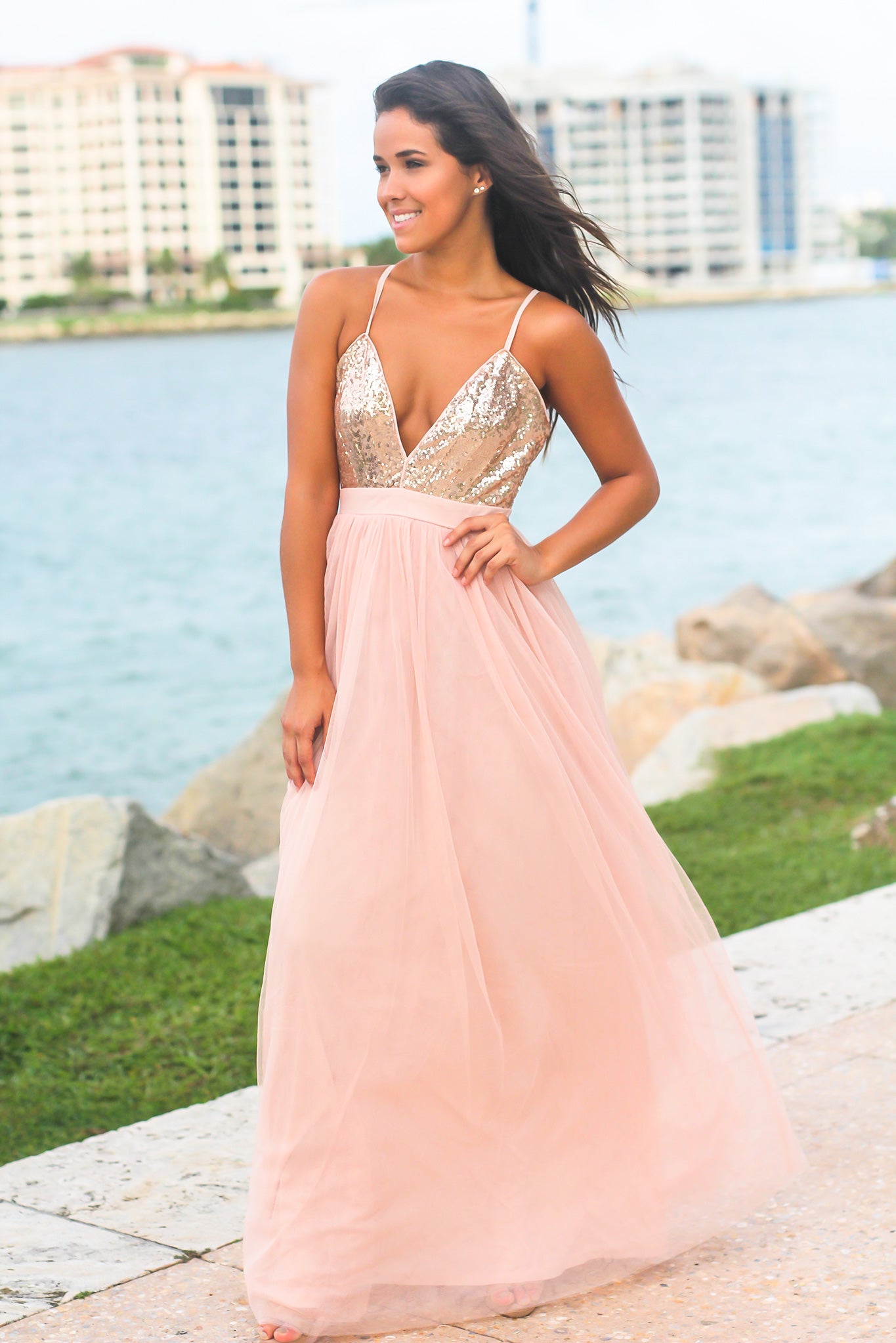 Rose Gold Tulle Maxi Dress