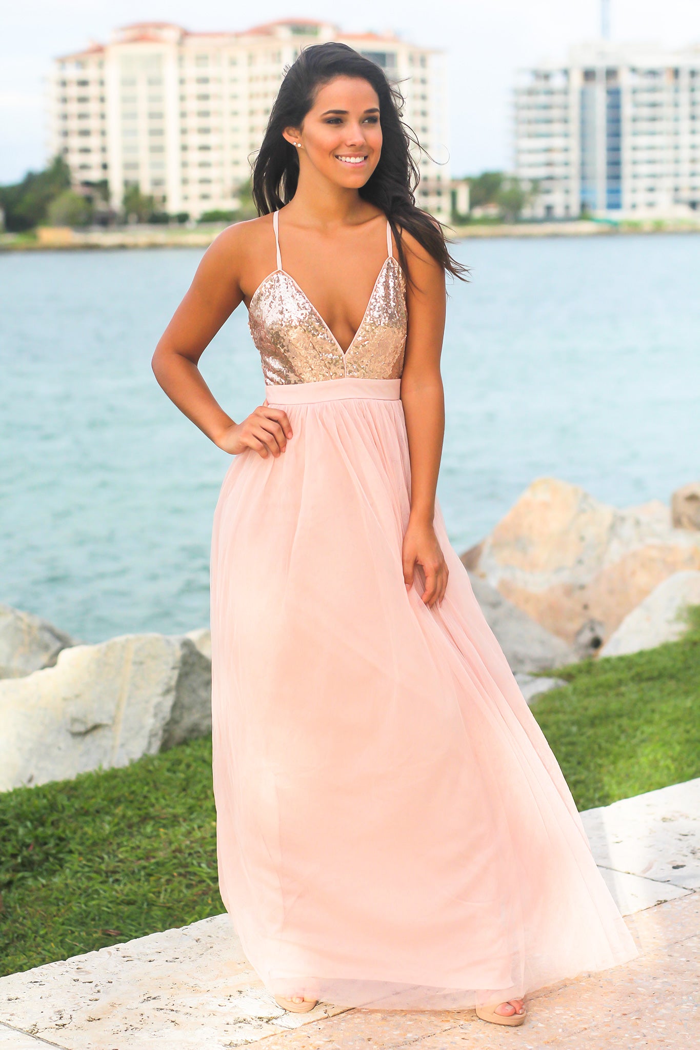 Rose Gold Tulle Maxi Dress