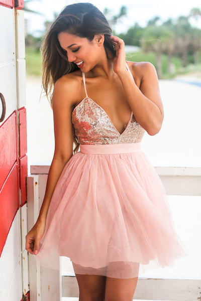 Rose Gold Tulle Short Dress with Sequin Top