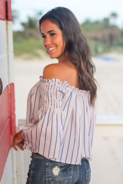 Rose Striped Off Shoulder Top with Bell Sleeves