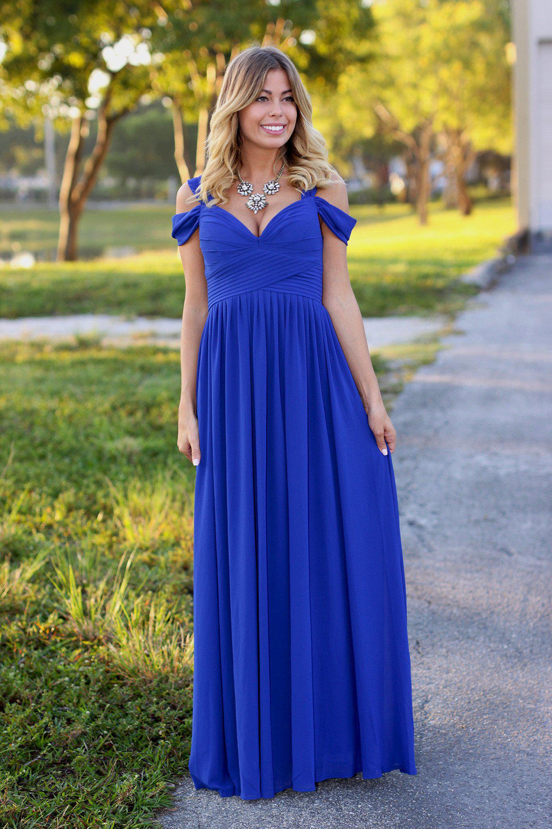 royal blue off the shoulder bridesmaid dress Long Royal Blue Evening Gown with Fold Off-the-shoulder – loveangeldress main image 1
