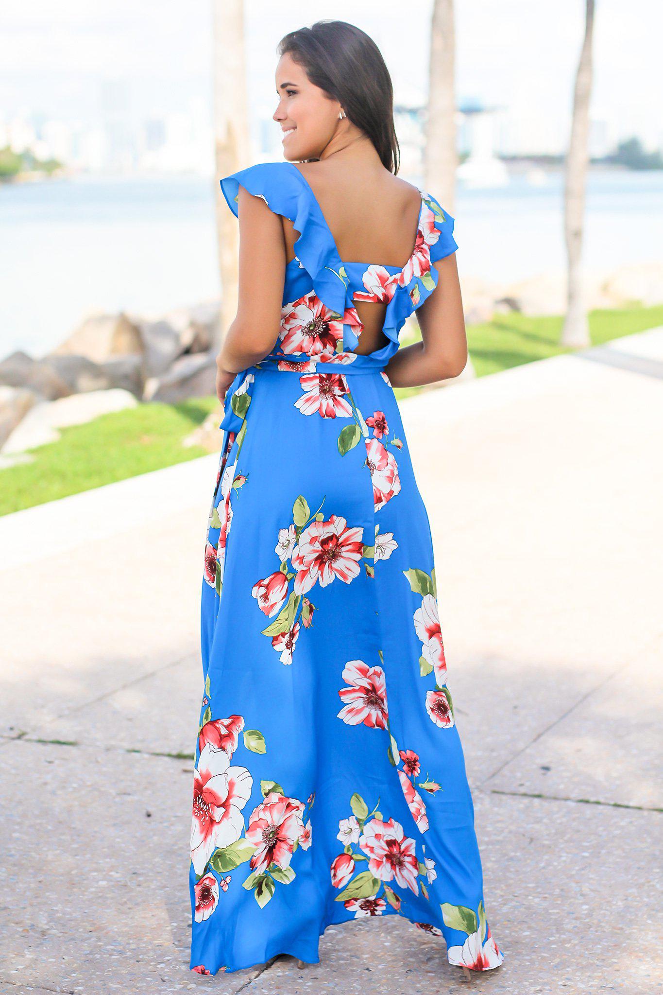 Royal Blue Floral Wrap Dress with Ruffles