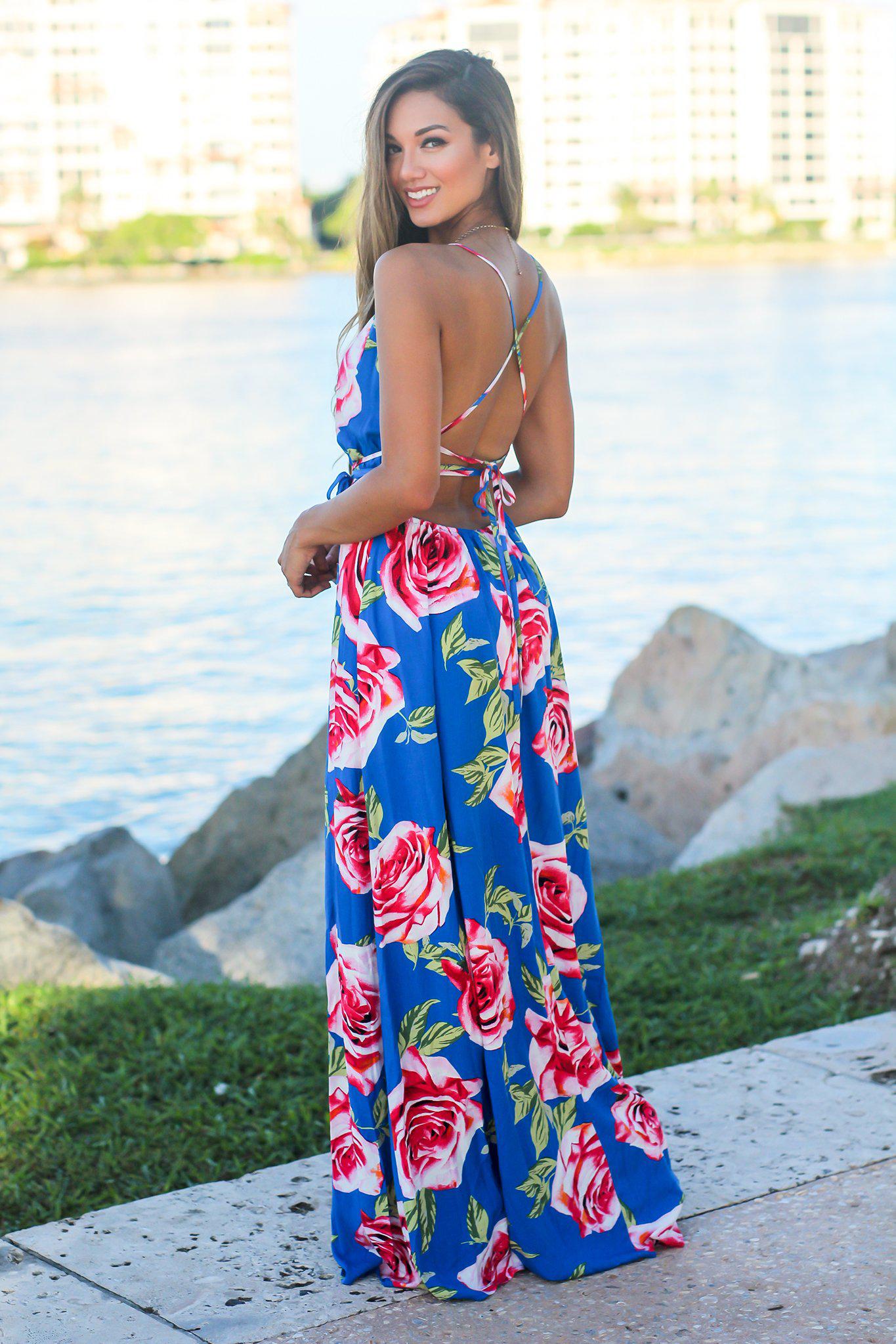 Royal Blue Maxi Dress with Rose Print | Cute Dresses – Saved by the Dress