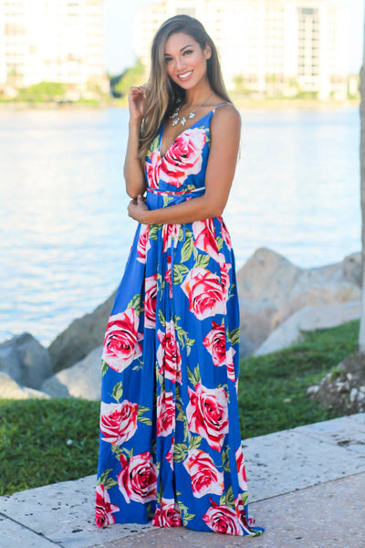 Royal Blue Maxi Dress with Rose Print