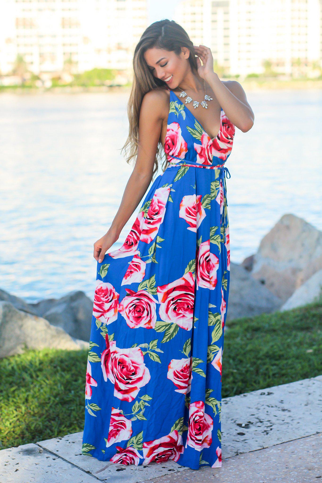Royal Blue Maxi Dress with Rose Print