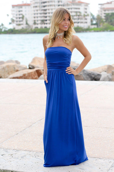 Royal Blue Strapless Maxi Dress with Pockets