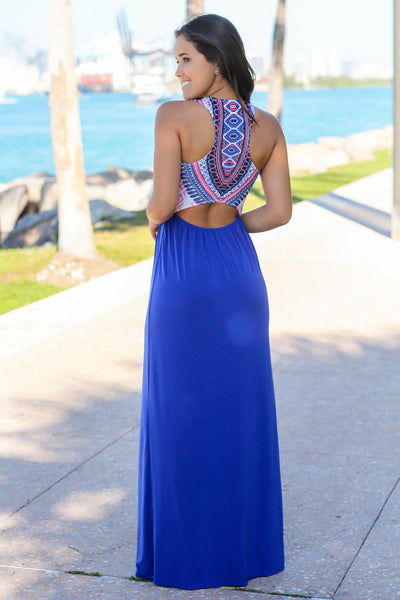 Royal Blue Tribal Maxi Dress with Cut Out Back