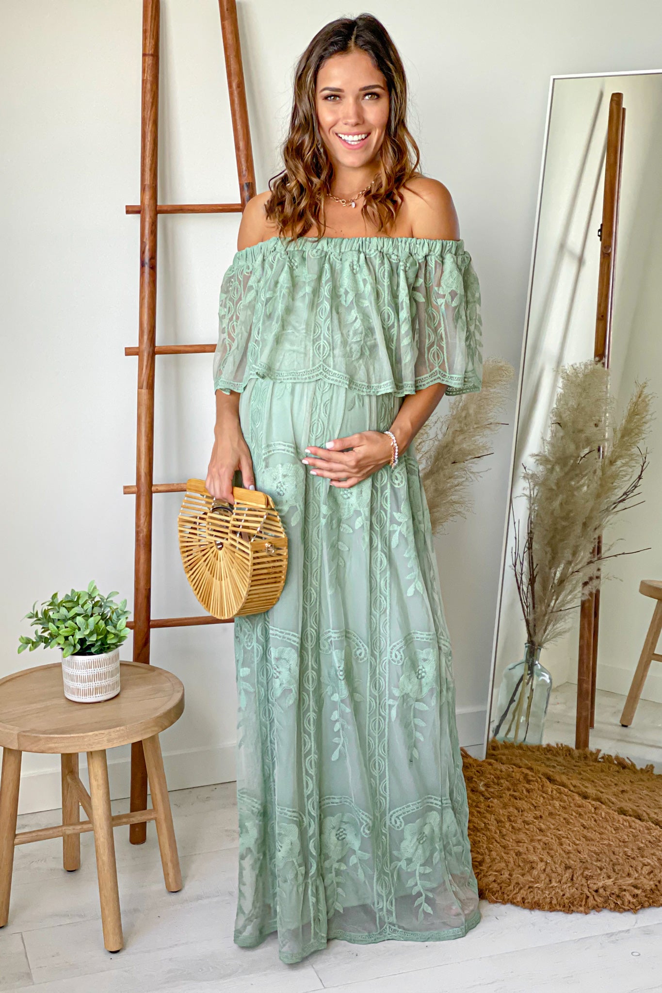 Sage Lace Off Shoulder Maternity Maxi Dress