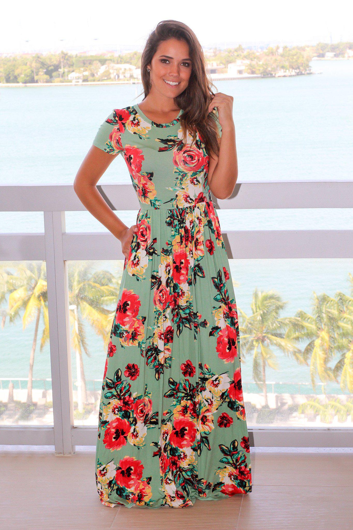 Sage Floral Short Sleeve Maxi Dress with Pockets | Maxi Dresses – Saved ...