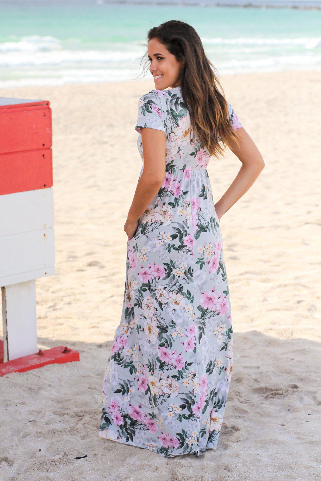 Sage Floral Maxi Dress with Short Sleeves