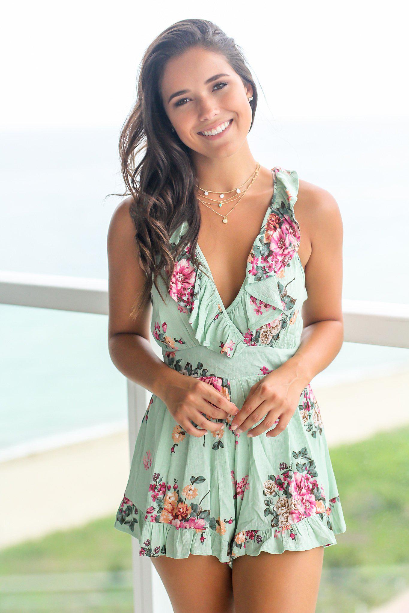 Sage Floral Romper with Criss Cross Back