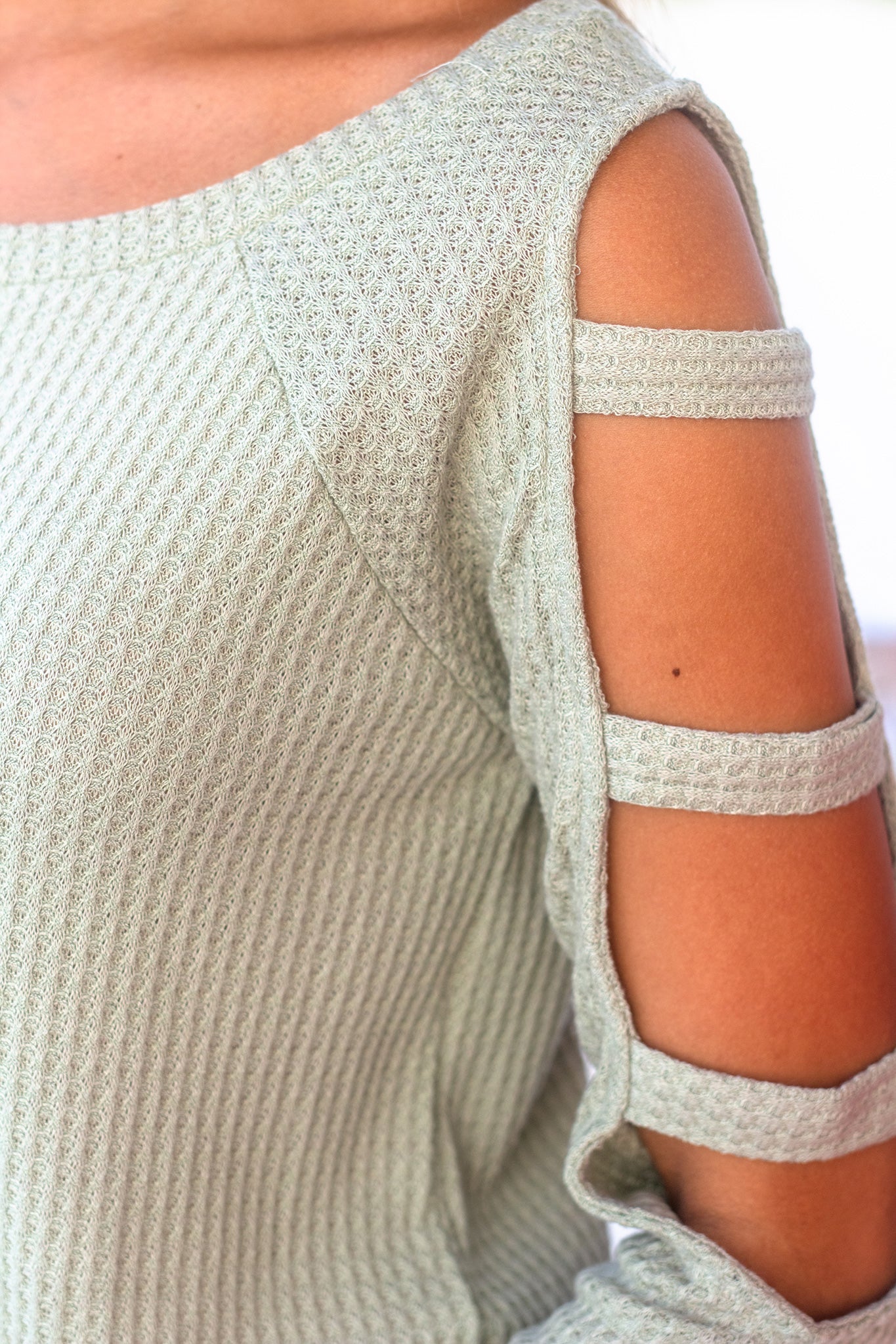 Sage Knit Top with Cut Out Sleeve Detail