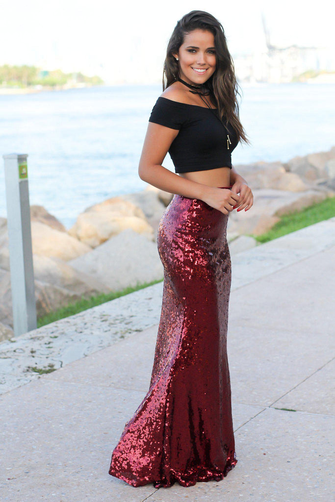 Burgundy Sequined Maxi Skirt Skirts Saved by the Dress