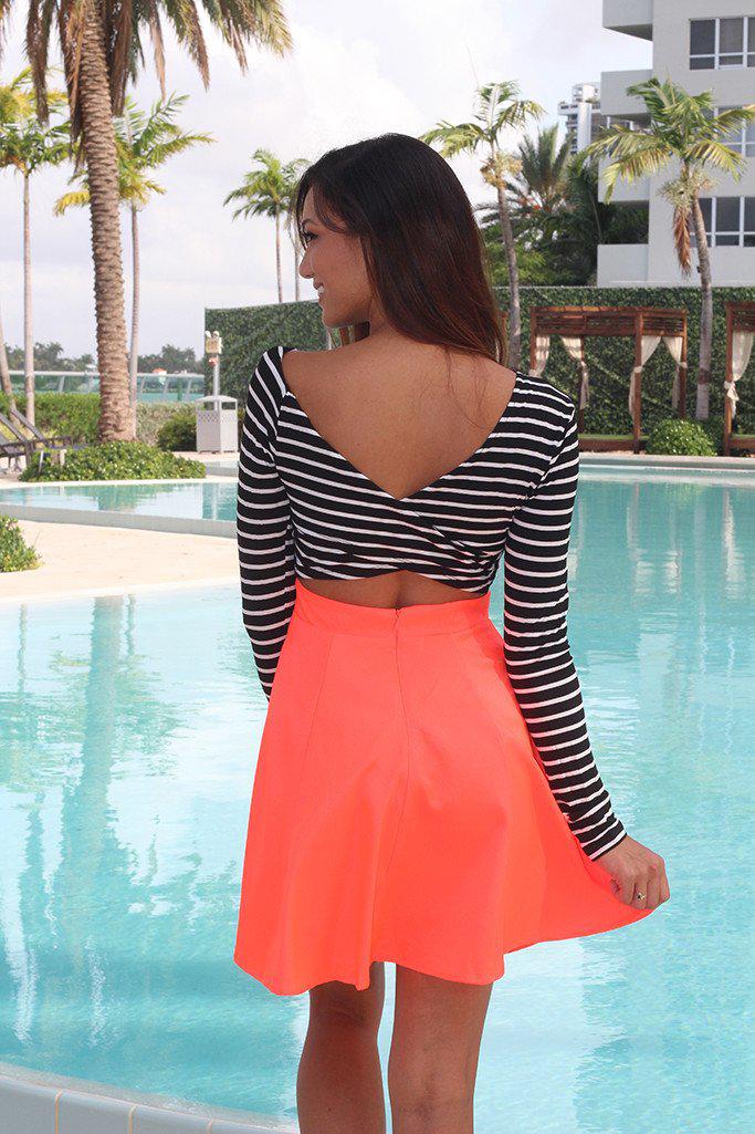 Neon Coral and Black Short Dress with Criss Cross Back