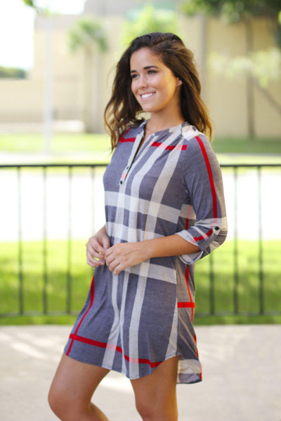 Gray Check Print Short Dress with 3/4 Sleeves