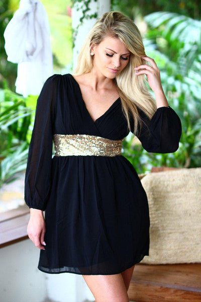 Black Short Dress with Sequin Waist Band