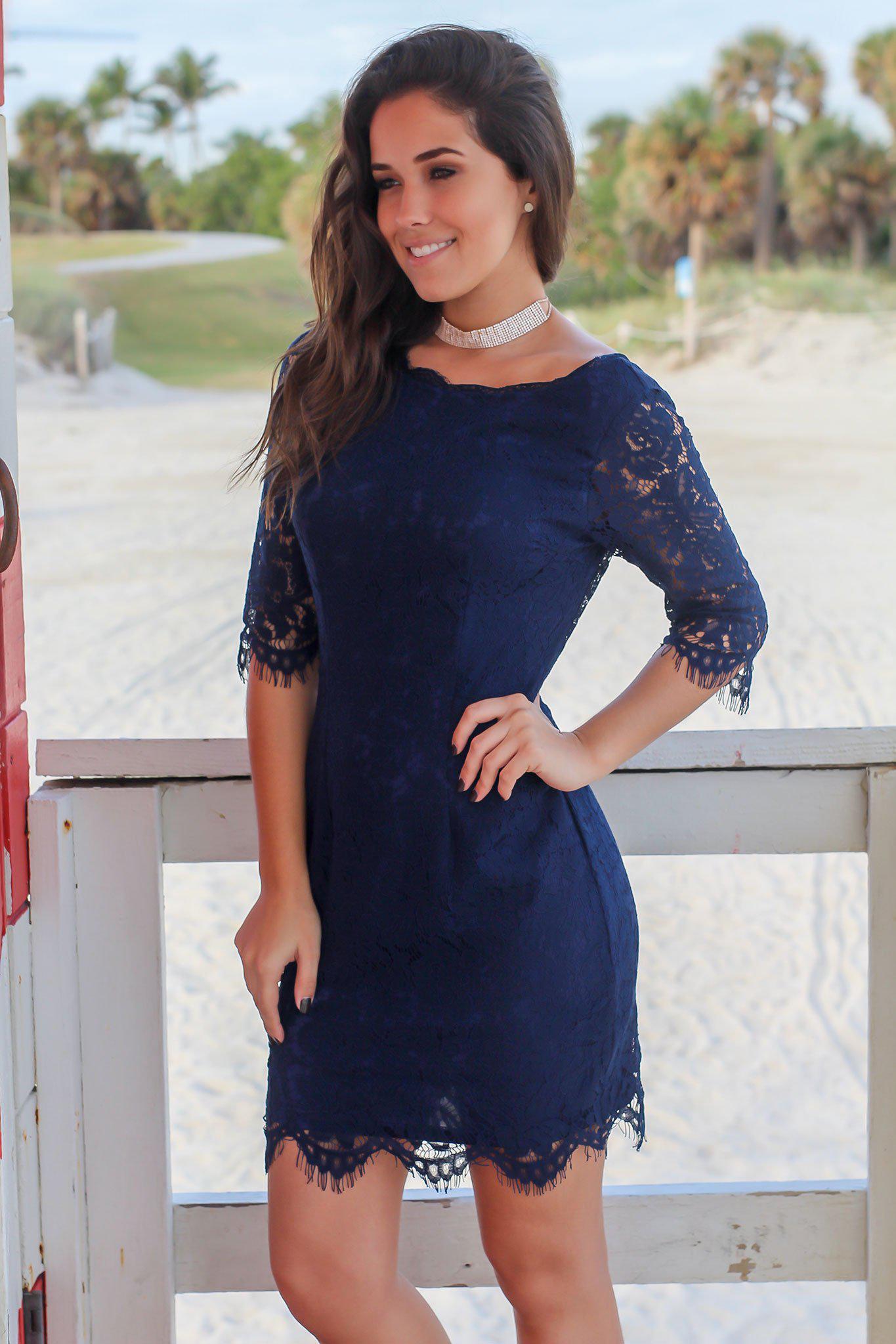 Navy Lace Dress with 3/4 Sleeves | Short Dresses – Saved by the Dress