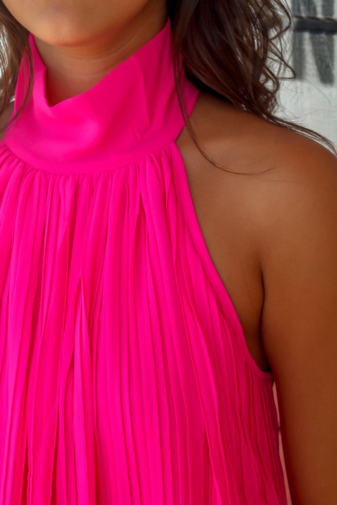 Hot Pink High Neck Pleated Dress