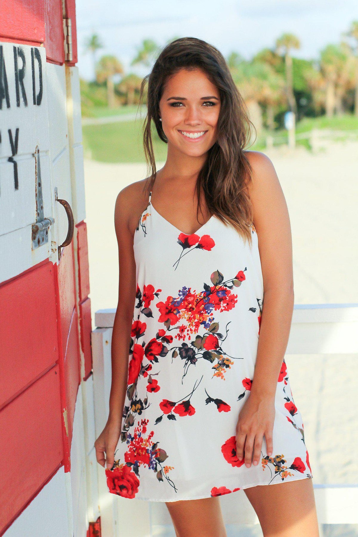 Ivory and Red Floral Tank Short Dress | Cute Dresses – Saved by the Dress