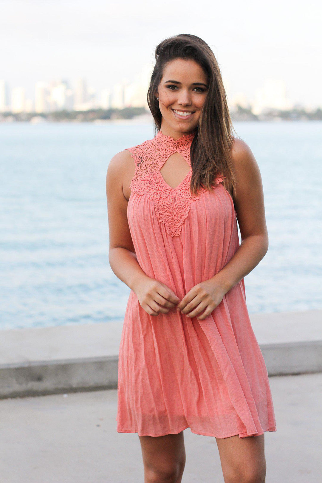 salmon mini dress Salmon Crochet Short Dress with Keyhole
